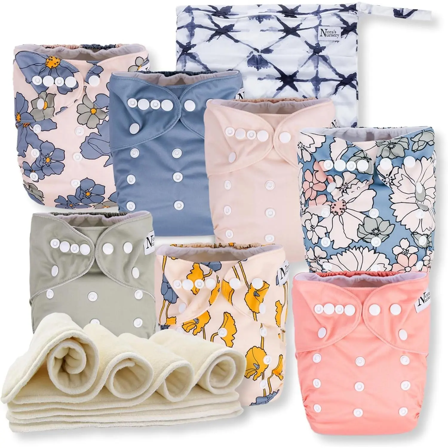 Cloth Diapers 7 Pack with 7 Inserts & 1 Wet Bag - Waterproof Cover, Washable, Reusable & One Size Adjustable Pocket Diapers for Newborns and Toddlers - Delilah