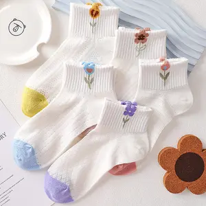 5-Pack Cute Flower Embroidery Crew Socks | Breathable Mesh Cotton Socks for Women | Mixed Color Soft Casual Socks