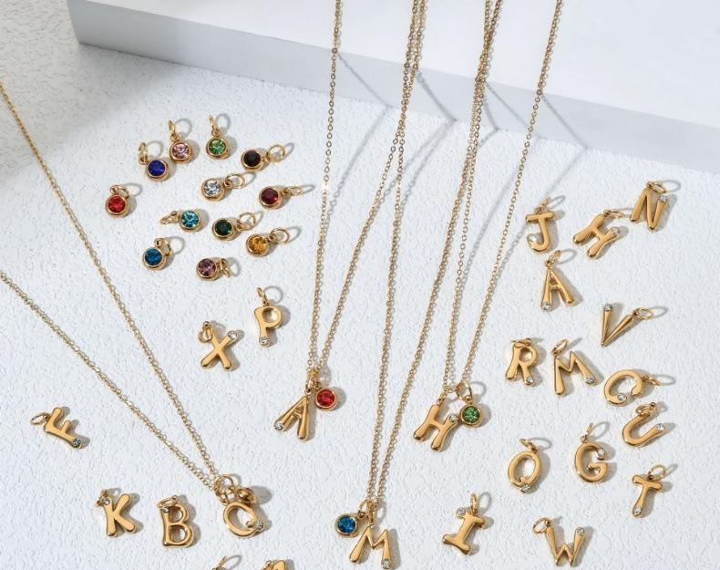26 Initial Letters Stainless Steel Birthstone Pendant Necklace Dainty Clavicle Chain Ideal Gift For Mom