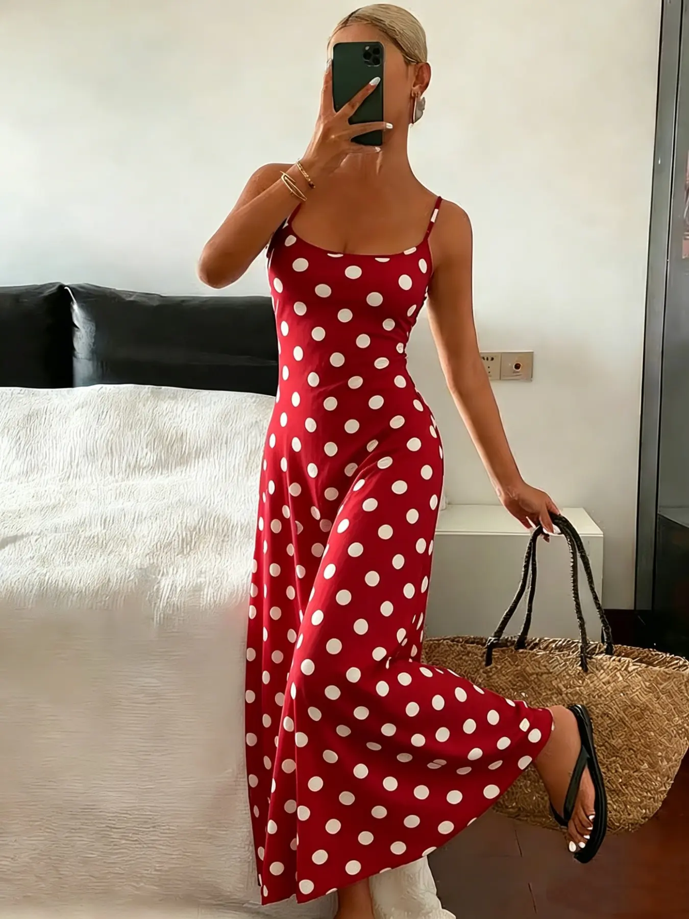 1 piece of spring and summer polka dot printed spaghetti strap home dress/casual wear/essential sleepwear for vacations.