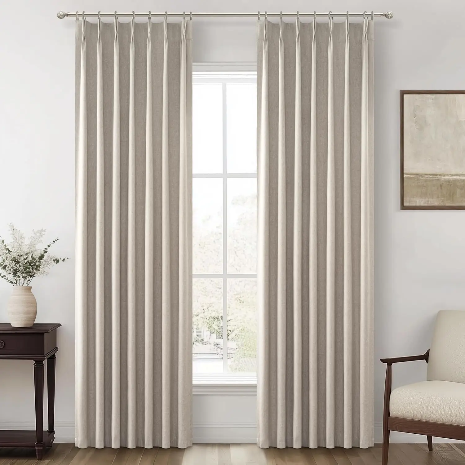 Grey Beige Linen Pinch Pleated Viral Thick Blackout Curtains Drapes 84 Inch Length 2 Panels Set for Living Room Windows with Memory Trained Back Tab for Traverse Rods (40"Wx84"Lx2)