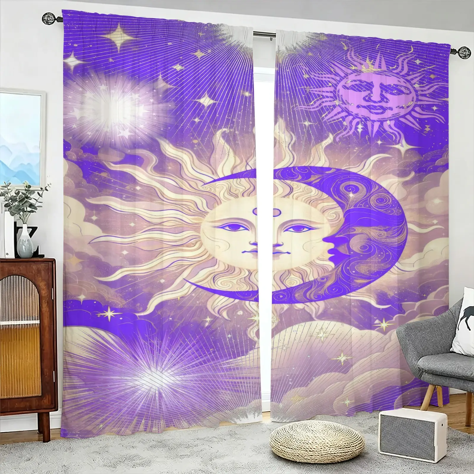2 Panels Purple Celestial Sun Moon Face Window Curtains, Mystical Star Cloud Witchy Boho Soft Flannel Semi Sheer Privacy Drapes, Astrology Aesthetic Bedroom Home Decor