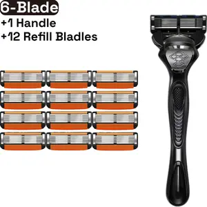 Men's razor set, Shaver shaving kit, 6-layer Stainless blades, sharp blades with anti-corrosion coating, smooth shaving, long-lasting, essential for men's home and travel, 1 handle and refill razor heads, direct from factory
