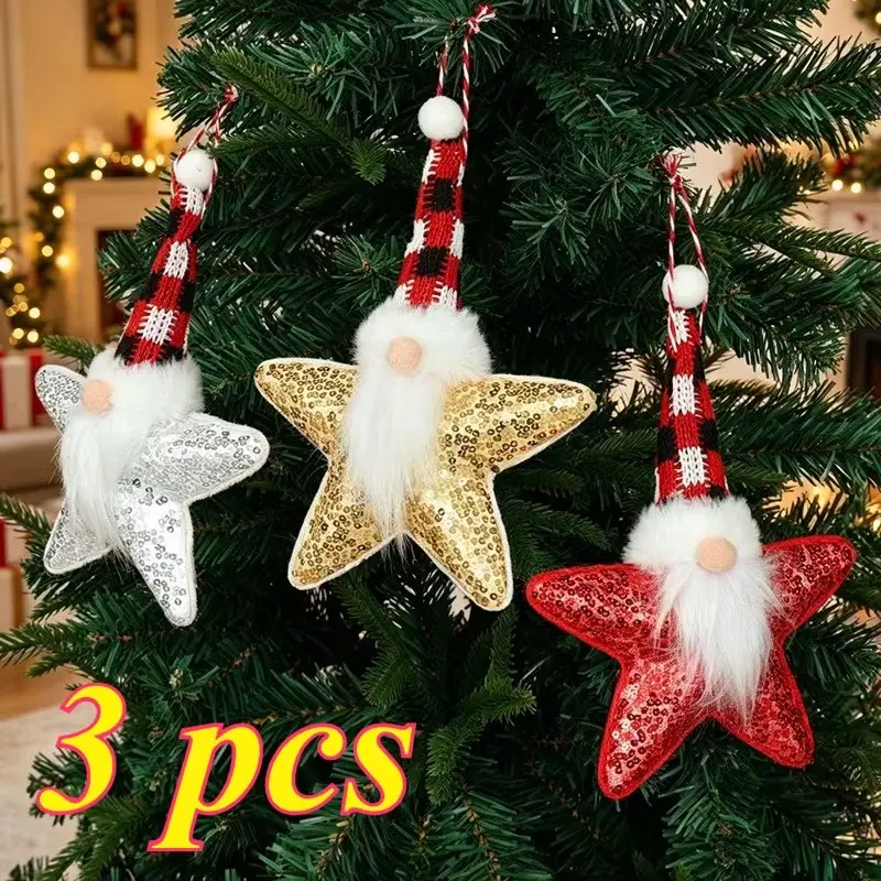 3-Piece Christmas Decor Set, Silver Color, Sparkly Star Ornaments, Santa Claus Hanging Decor, Home Tree Decoration