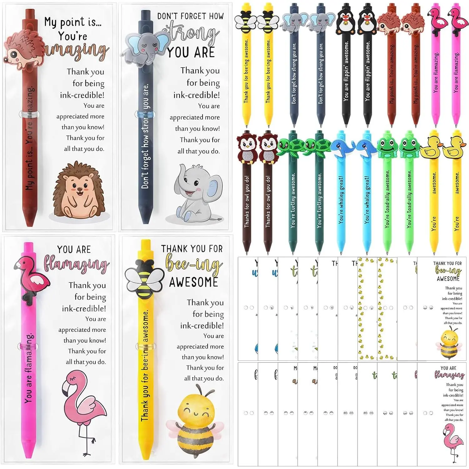 Motivation Themed 20-Piece Funny Cute Animal Work Pens Set with Card Prints, Plastic Refills - Office Stationery Gifts for Team Groups, Christmas Presents