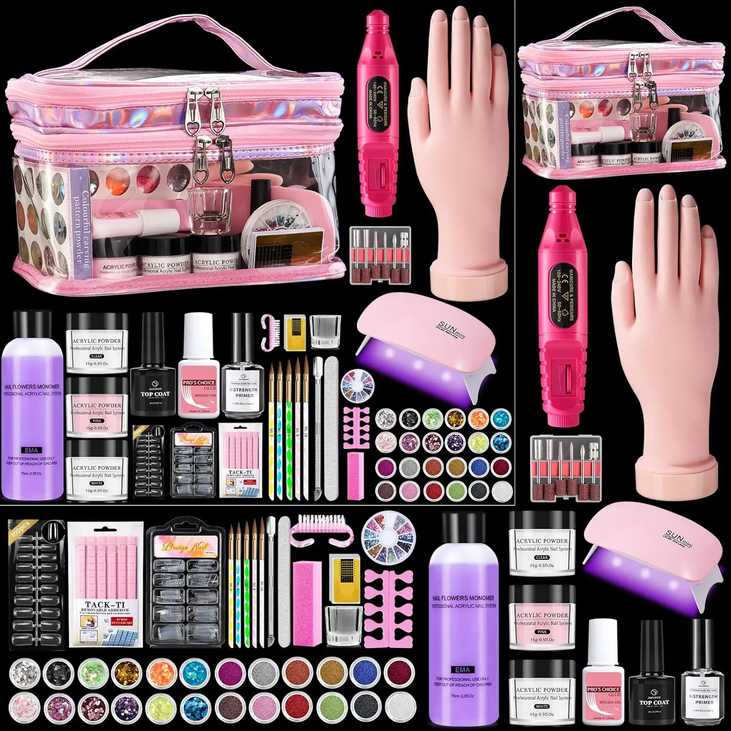 Nail Kit   with Everything: Professional Nail Acrylic Powder Liquid Set with Practice Hand Drill U V Light in Cosmetic Bag  Women Salon Home (Pink)