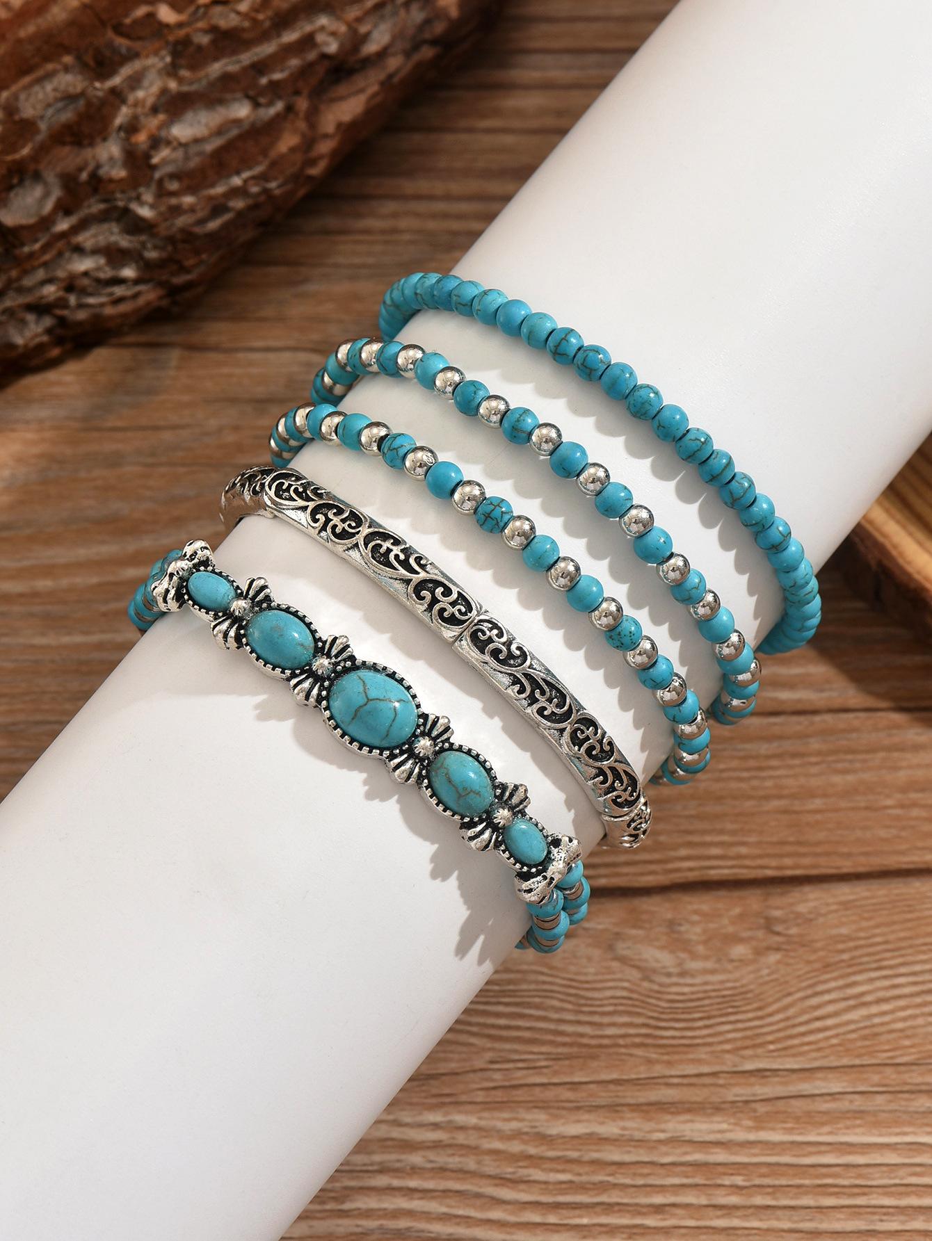 Turquoise beaded DIY bracelet - Bohemian style handcrafted multi-piece jewelry set