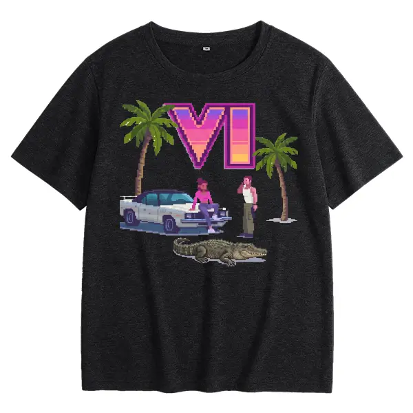 Retro Pixel VC Palm Scene GTA6 Crewneck Printed T-Shirt for Men and Women, Regular Fit Soft Stretch Fabric Tee, Colorful Casual Streetwear Top for All Seasons, Quick-Dry Comfortable Graphic Shirt Menswear Garment Tshirt Tropical Shortsleeve