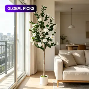 125-195CM New Artificial Camellia Tree branch, Faux Plant for Home Decoration, With Plastic Pot & Faux Moss, Indoor & Outdoor Use for Living Room, Office, Garden, Wedding & Party