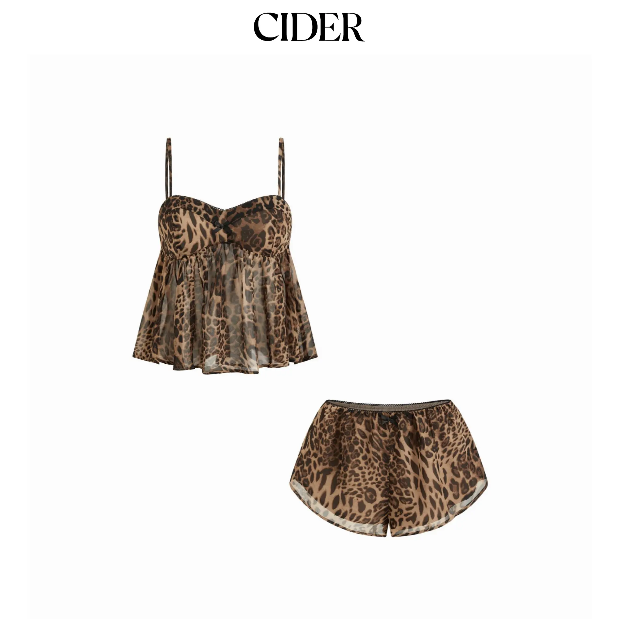 Cider Sweetheart Neckline Leopard Bowknot Cami Top & Low Rise Shorts Loungewear Set