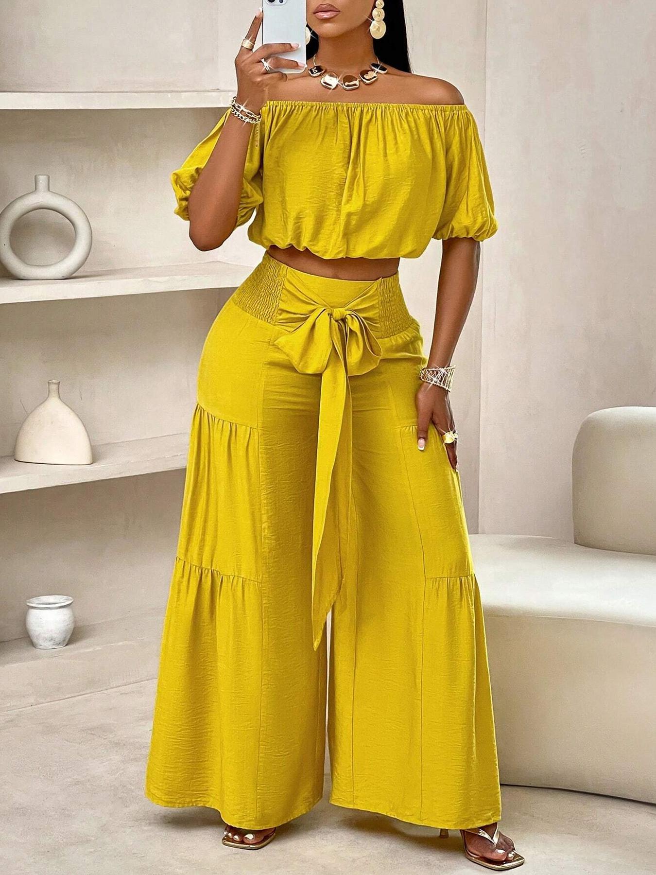 Women's Solid Color Top & Wide Leg Pants Set, Casual Off Shoulder Top & Palazzo Pants for Summer, Ladies Clothes for Beach Holiday Vacation, Womenswear Women's Solid Color Top & Wide Leg Pants Set, Casual Off Shoulder Top & Palazzo Pants for Summer, Ladies Clothes for Beach Holiday Vacation, Womenswear