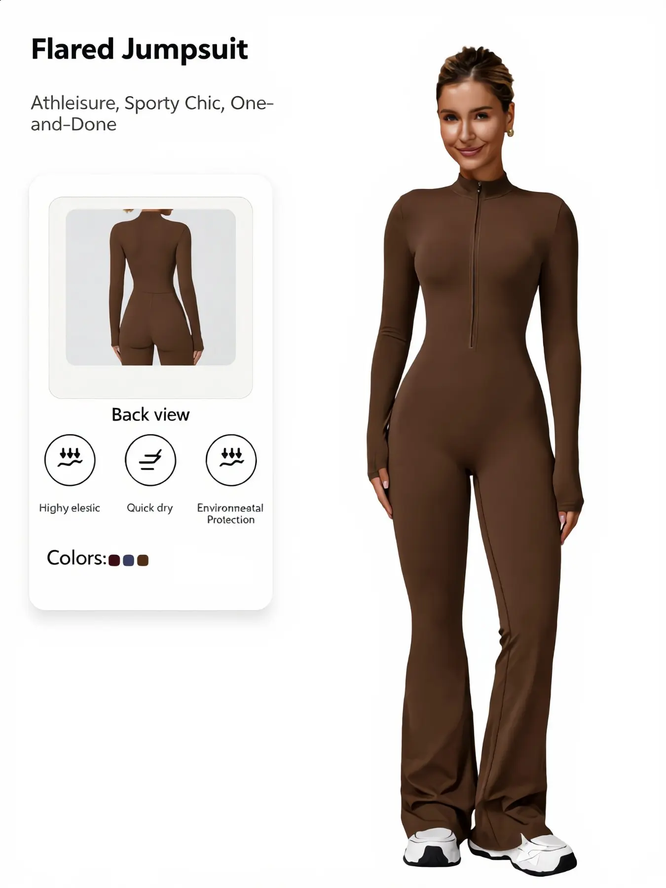 Women's Zip-Front Flare Yoga Jumpsuit - Long Sleeve Seamless Activewear with Thumbholes - Sporty Chic Jumpsuit