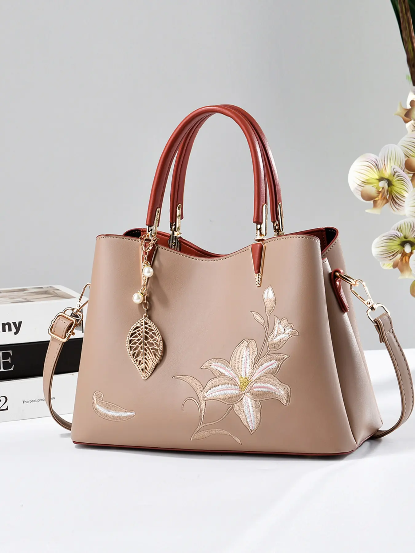 Elegant Embroidered Handbag, Commuter Handbag, Women's Classic Top Handle Tote Bag, Detachable Crossbody Strap, Large Capacity, Fashionable Daily Use
