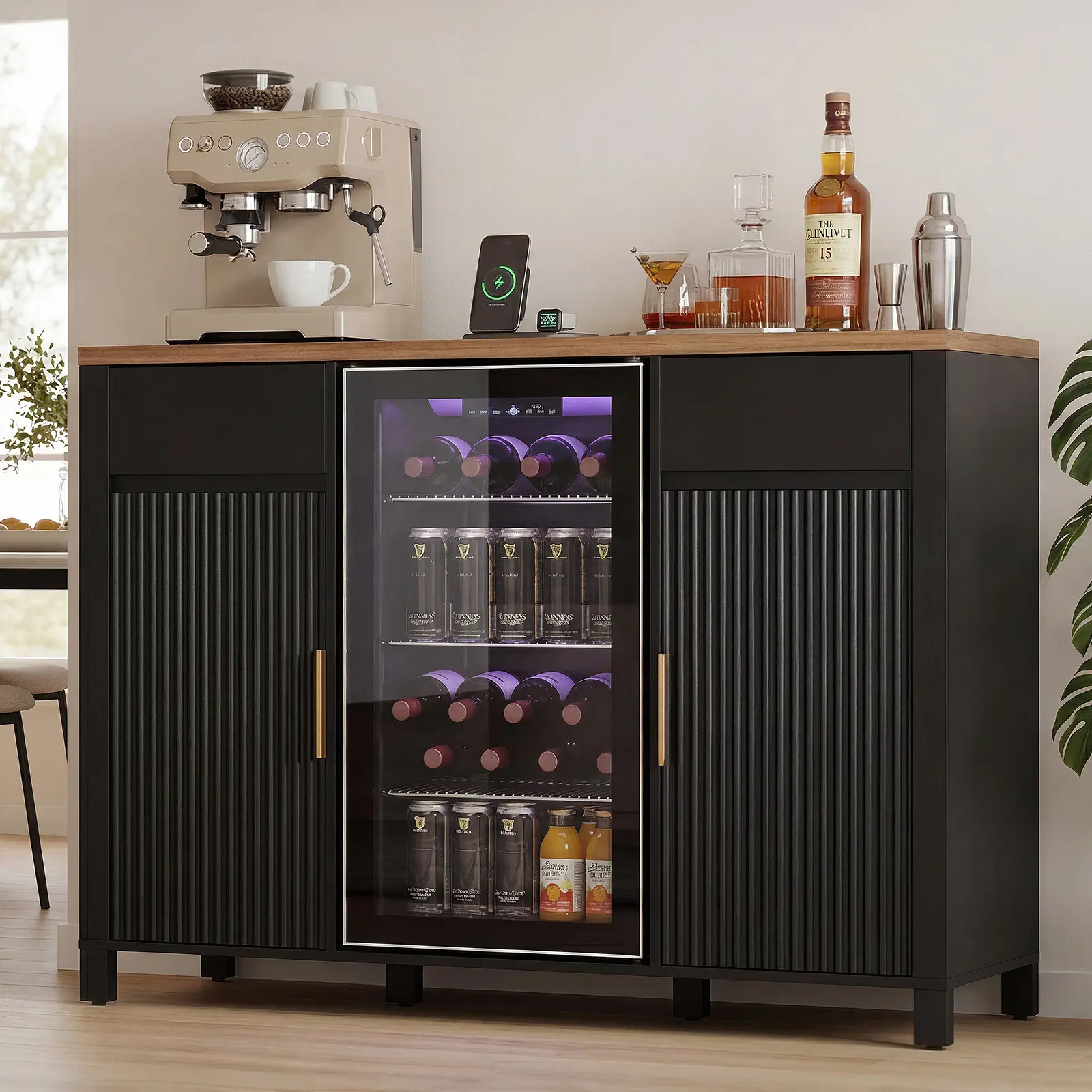 53" Fluted Coffee Bar with Mini Fridge Space & Charging Station, Fits 19.7" Mini Fridge, Fridge Cabinet with Wine Storage & Wine Rack, Buffet Sideboard for Dining Room