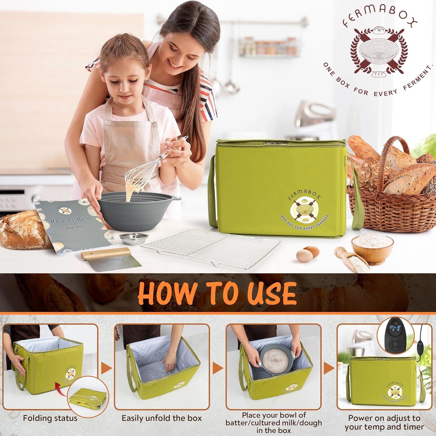 Foldable Bread Proofing Box - Heated Fermentation Chamber (60-120?F, 1-24h Timer) for Sourdough, Yogurt, Idli/Dosa Batter - 4-Sided Even Heating, Compact Storage