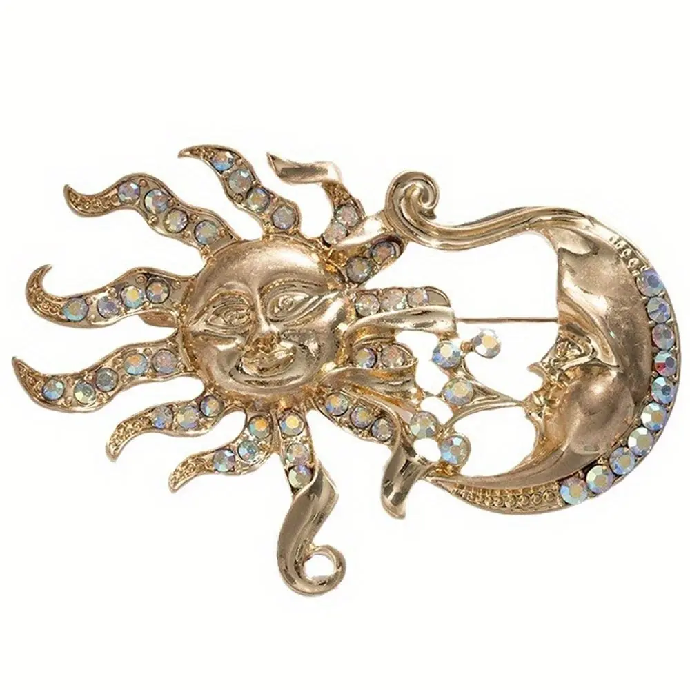 Women Men Fashion Crystal Moon Sun Badges Brooch Vintage Classic Design Shining Rhinestone Pin Accessories