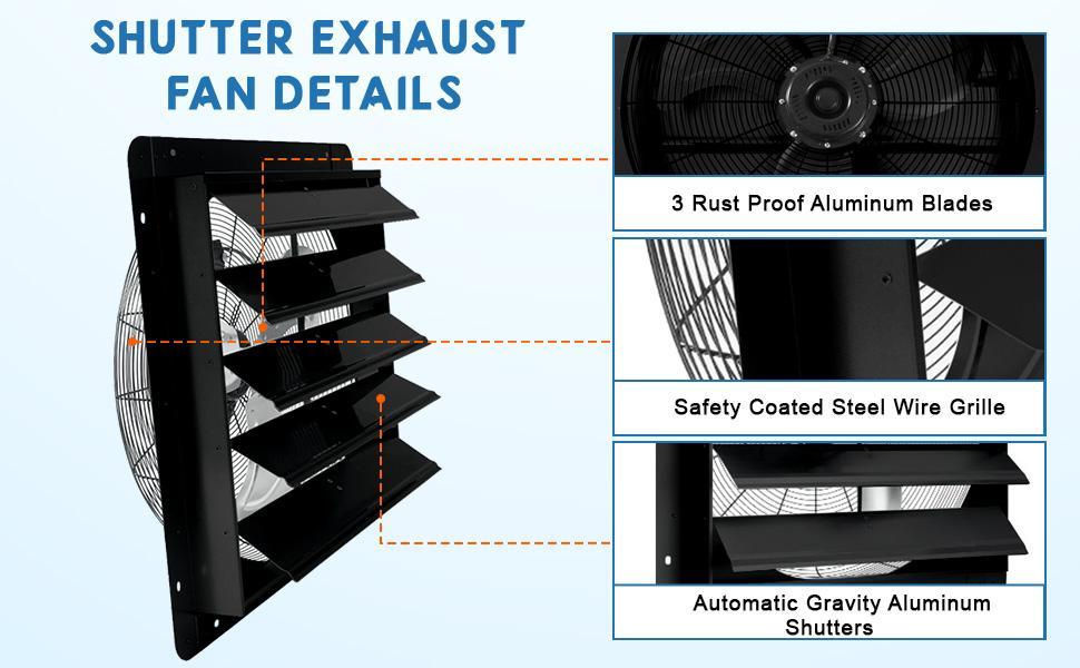 24" Wall-Mounted Shutter Exhaust Fan, 3500 CFM High-Speed Ventilation, 1500 RPM Low-Noise, Aluminum Blades & Automatic Shutter for Attic, Garage, Greenhouse, Workshop & Louvered Vent Applications