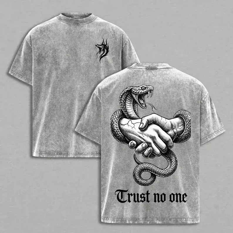 Adult Distressed Washed Retro Gothic Snake Graphic T Shirt Small Snake Head Front Cobra Handshake Trust No One Slogan Print Soft Cotton Crew Neck Short Sleeve Top Daily Casual Streetwear