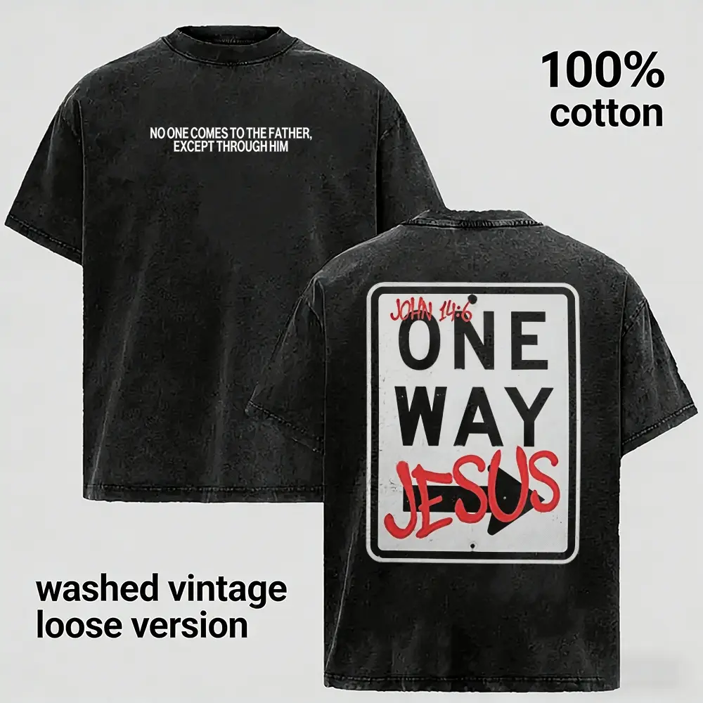Father's Day Gift,One Way Jesus T-Shirt,100% Cotton Washed Vintage Men's Loose Tees,John 14 6 No One Comes To The Father Except Through Him Graphic Top,Gift for Boyfriend,Husband,Dad,Family