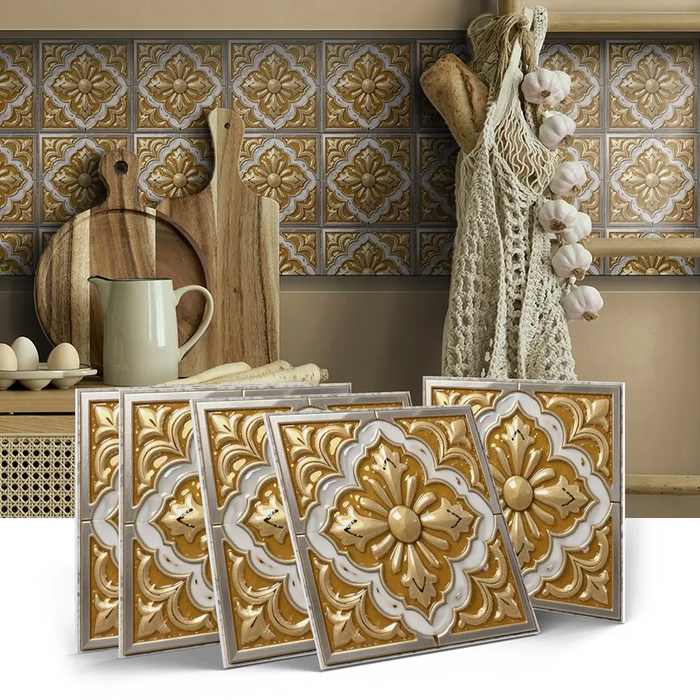 12/24Pcs European Luxury Gold Raised Flower Pattern Square Ceramic Tile Silver Trim Cream Background Decor Wall & Floor Tile for Upscale Home Restaurant Cafe Interior Decoration