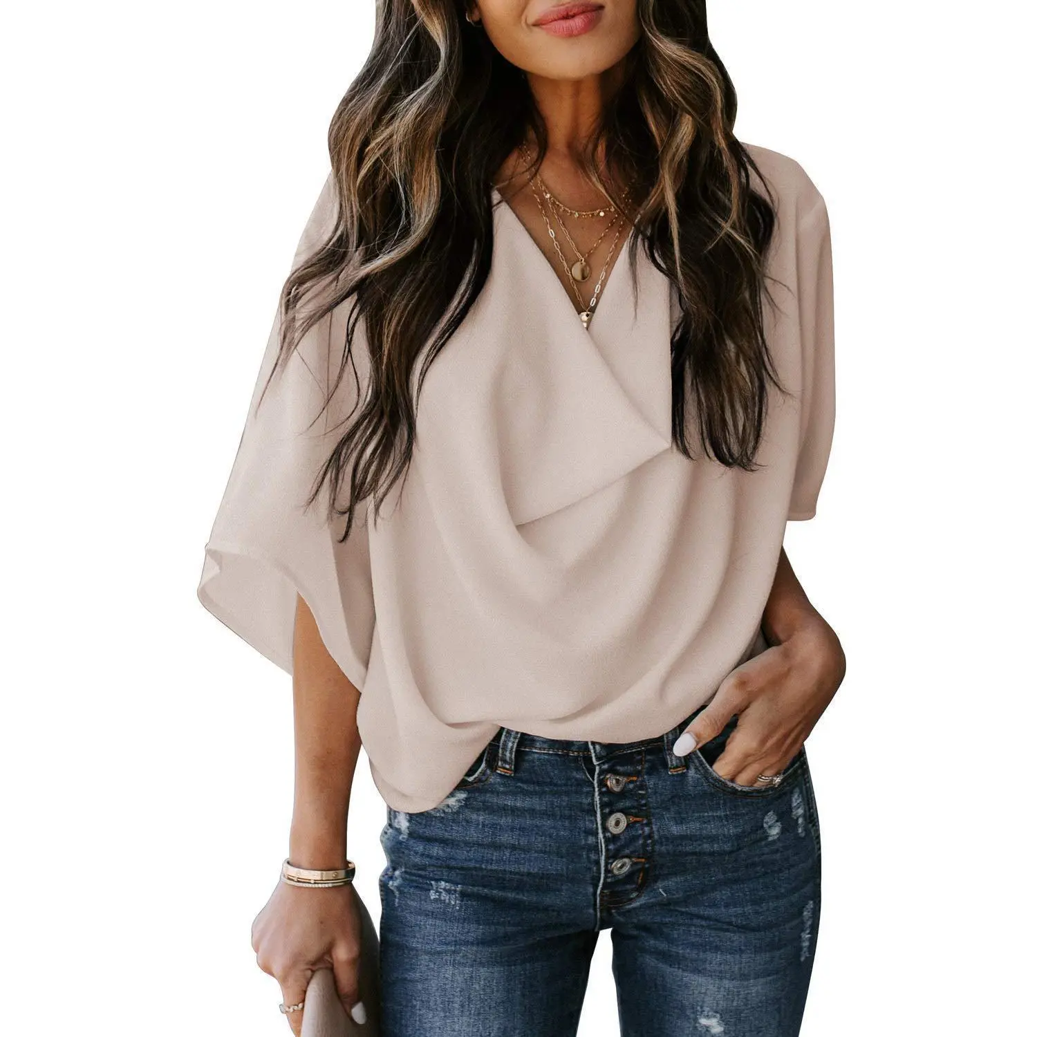 Women's Polyester Blouse with Draped Cowl V-Neck, Elegant Loose Top with Batwing Sleeves, Lightweight and Flowy for Casual Office Wear, Shortsleeve, Cute, Cowl Neck, Chic, 3D Decor, Lady, Basic, Shirts, Casual Chic