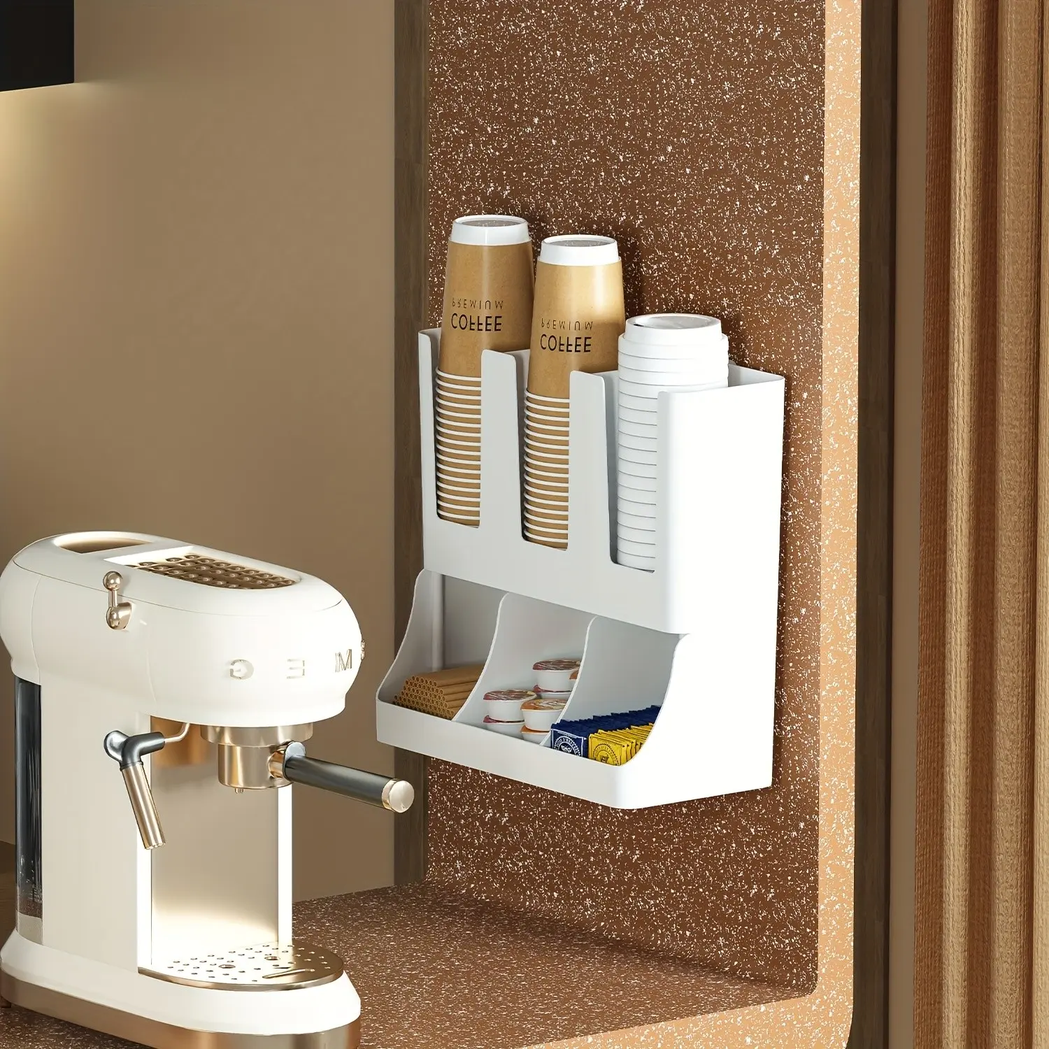 Multi-Compartment Heavy-Duty Plastic Cup Holder, 6 Slots + Integrated Paper Cup Dispenser, Durable Space-Saving Organizer for Office & Home