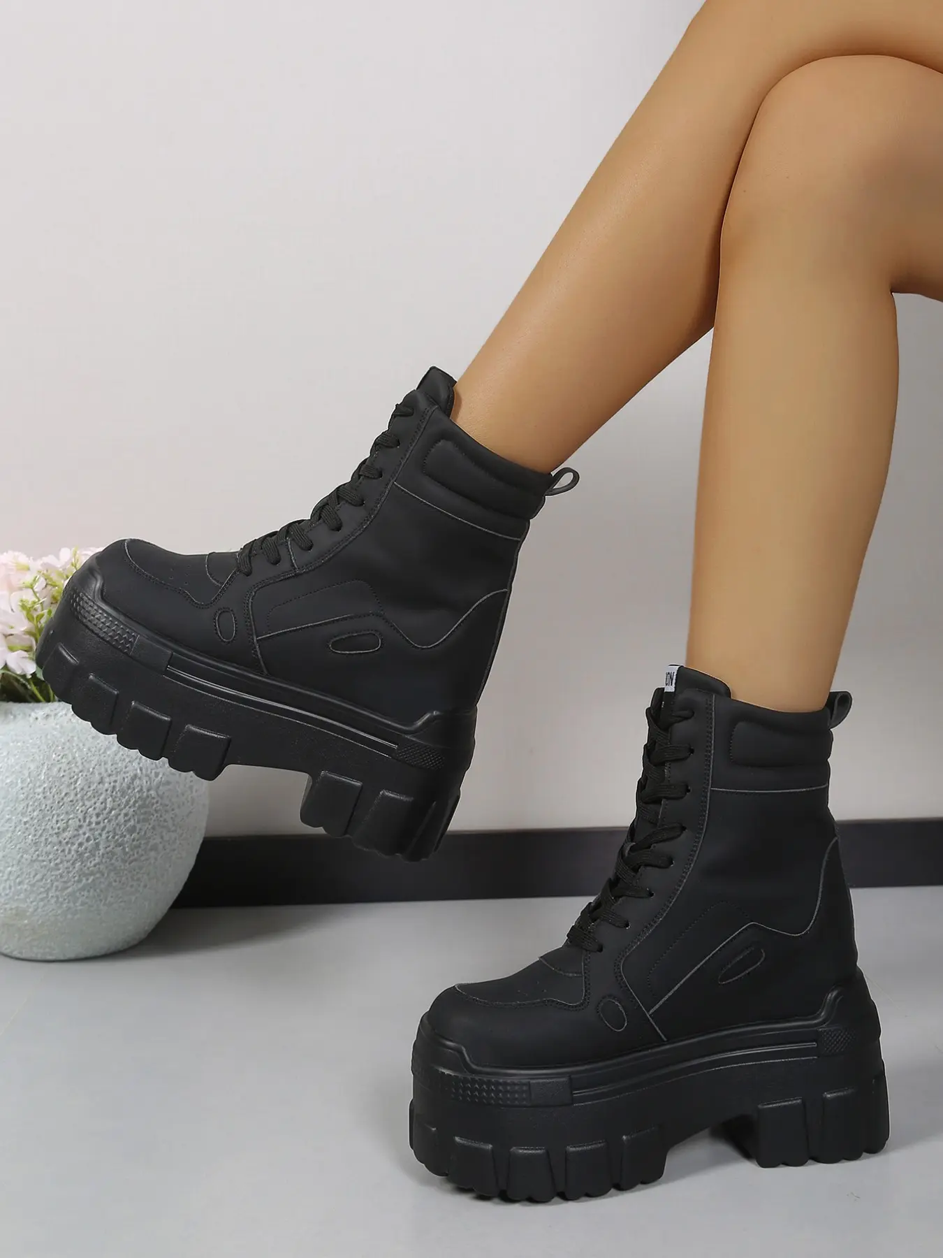 Women's 9cm Comfortable Casual Inner Heel Thick Sole Lace-Up High Top PU Leather Round Toe Fashion Boots, Y2K Streetwear, Breathable Anti-Slip Soles