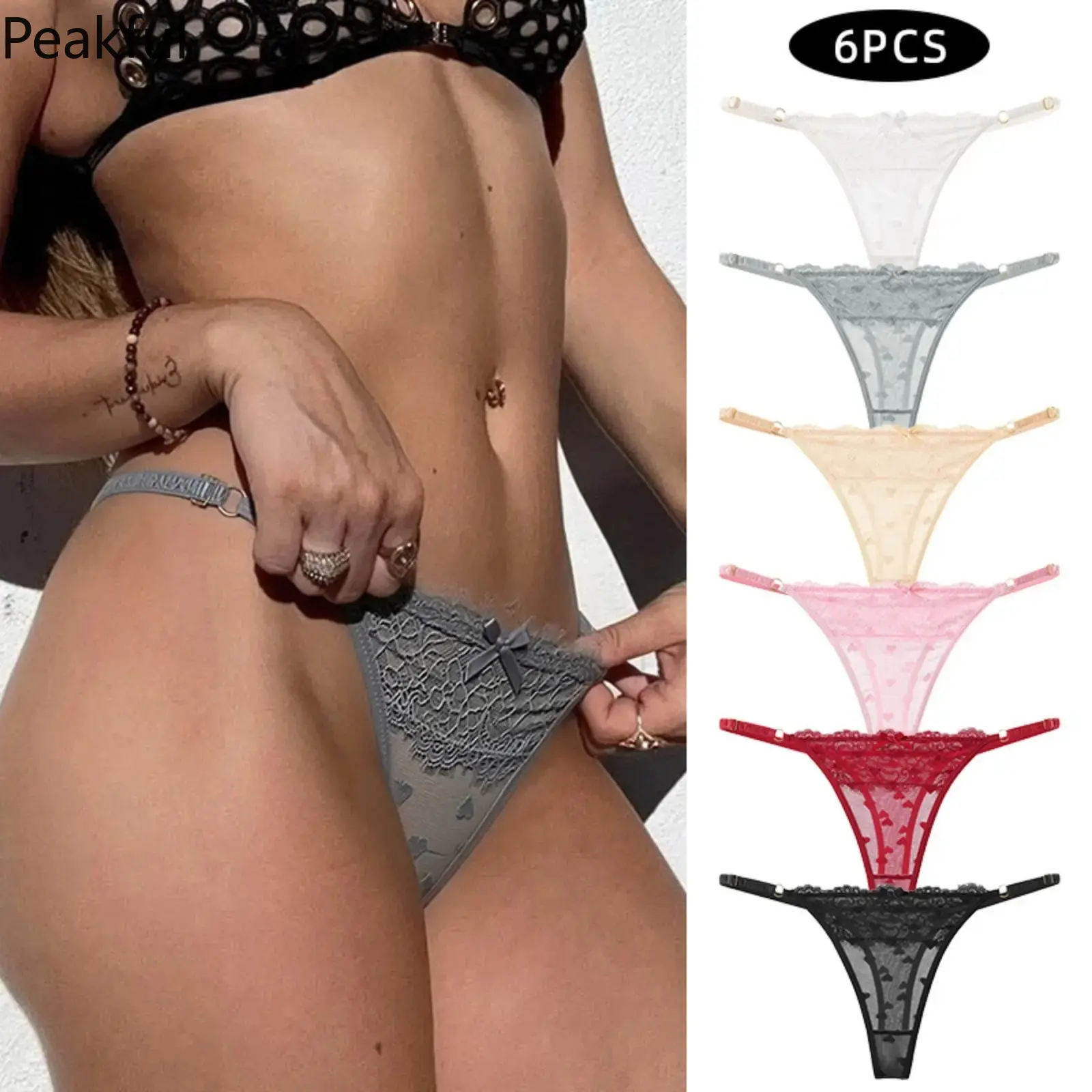 Sexy Sheer Mesh G-String Multipack, Lace Trim Heart Thong with Adjustable Side Buckles & Invisible Low Rise, Breathable T-Back Underwear Set for Women, Ideal for Gym, Lounge & Daily