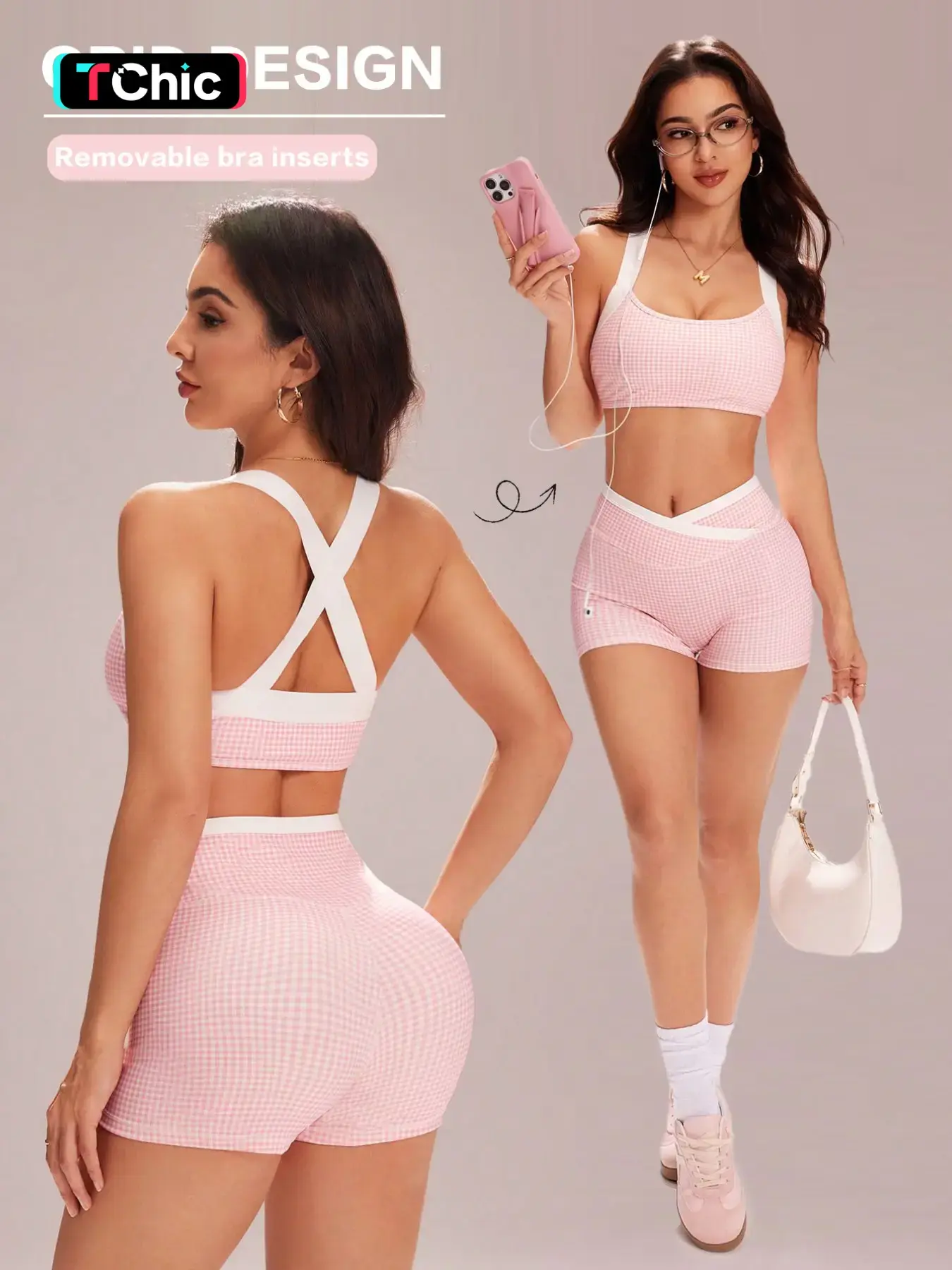 Women's Colorblock Cross Back Sports Bra with Detachable Pads, High Waist Casual Shorts, Fashionable Athletic Wear Set, Athleisure Activewear Clothing Summer Clothes