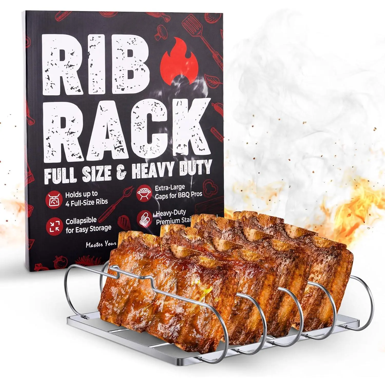 Rib Rack for  & Grilling, Holds up to 4 Full Racks of Ribs, Foldable Design, Fits Large Gas  or Charcoal Grill,  BBQ Accessory,  Accessories, Gifts for Men, Father