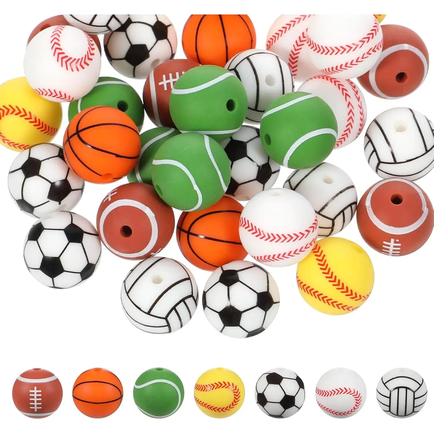 Beads, 35 count 15mm  Loose Beads Cute  Ball Bead Softball Baseball Football  Pen Bead Bulk for  Making Bracelet Necklace Pendants Lanyards Pen DIY Crafts