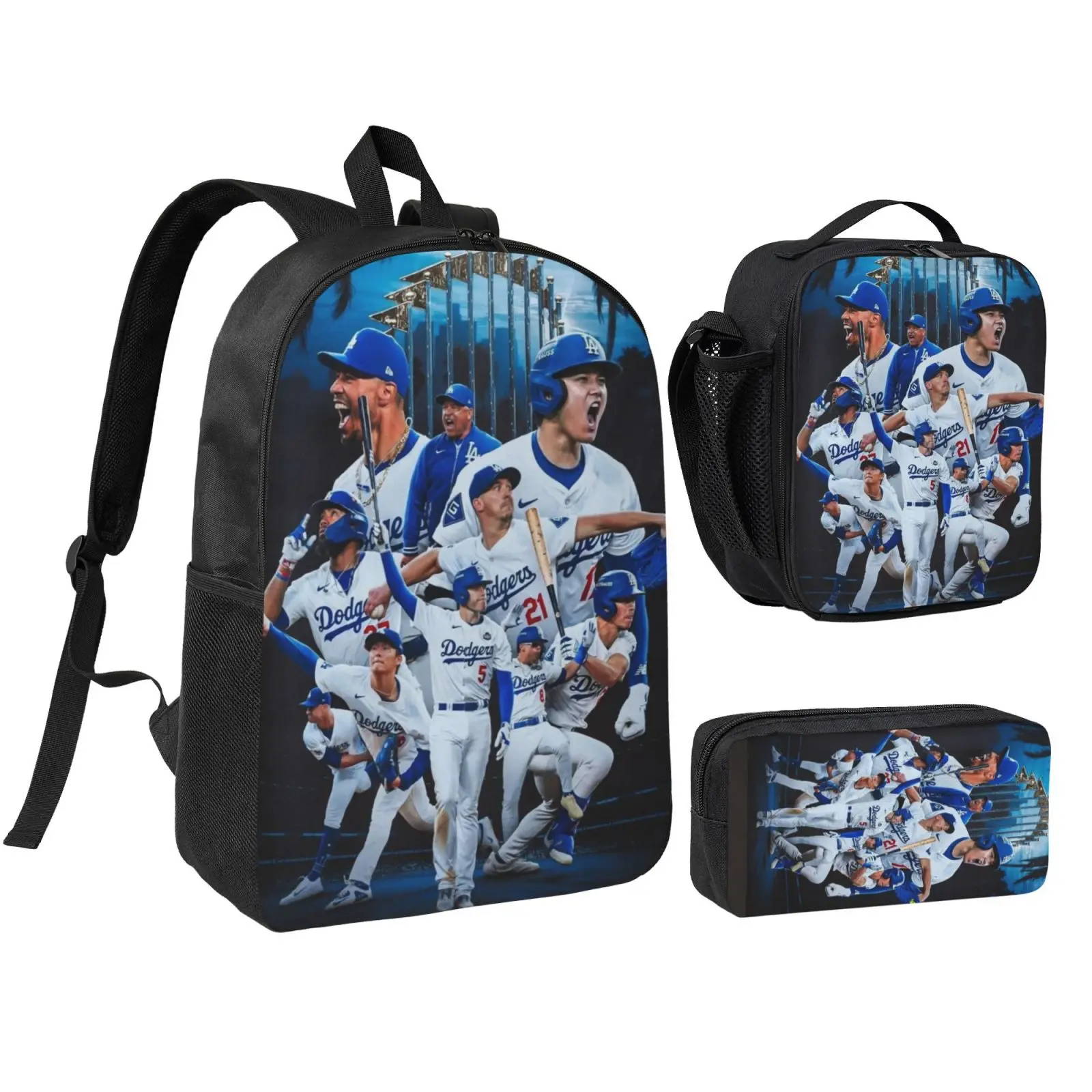 Anime Dodgers backpack with lunch bag pencil box for Teen Girls Boys, 3pcs kids school bag with adjustable straps, office travel bag Bookbag lunchbox