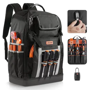 VEVOR Nylon Tool Backpack, 56 Pockets, Heavy-duty Storage Organizer Bag with Molded Base, Top Handle, Reflective Strips, Combination Lock, Charging Port, for Construction Jobsite Electricians