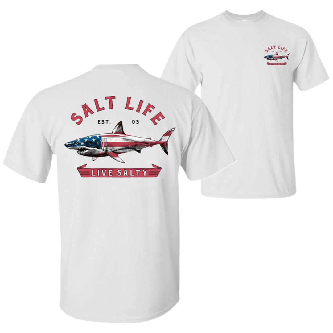 Salt Life Live Salty Sharkk T-Shirt, American Flag Shark Graphic Tee, Soft Cotton Unisex Shirt, Coastal Lifestyle Apparel for Men & Women, Beach and Fishing Lover Gift day comfort tee unisex casual graphic tee merch unisex streetwear summer style top t-sh