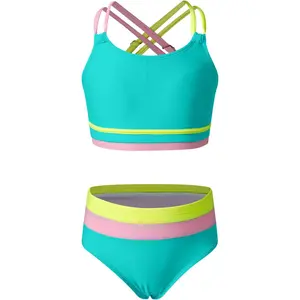 Tween Girls Swimsuits 2 Piece Color Block Bikini Sets with Chest Pad Size 6-15 Years