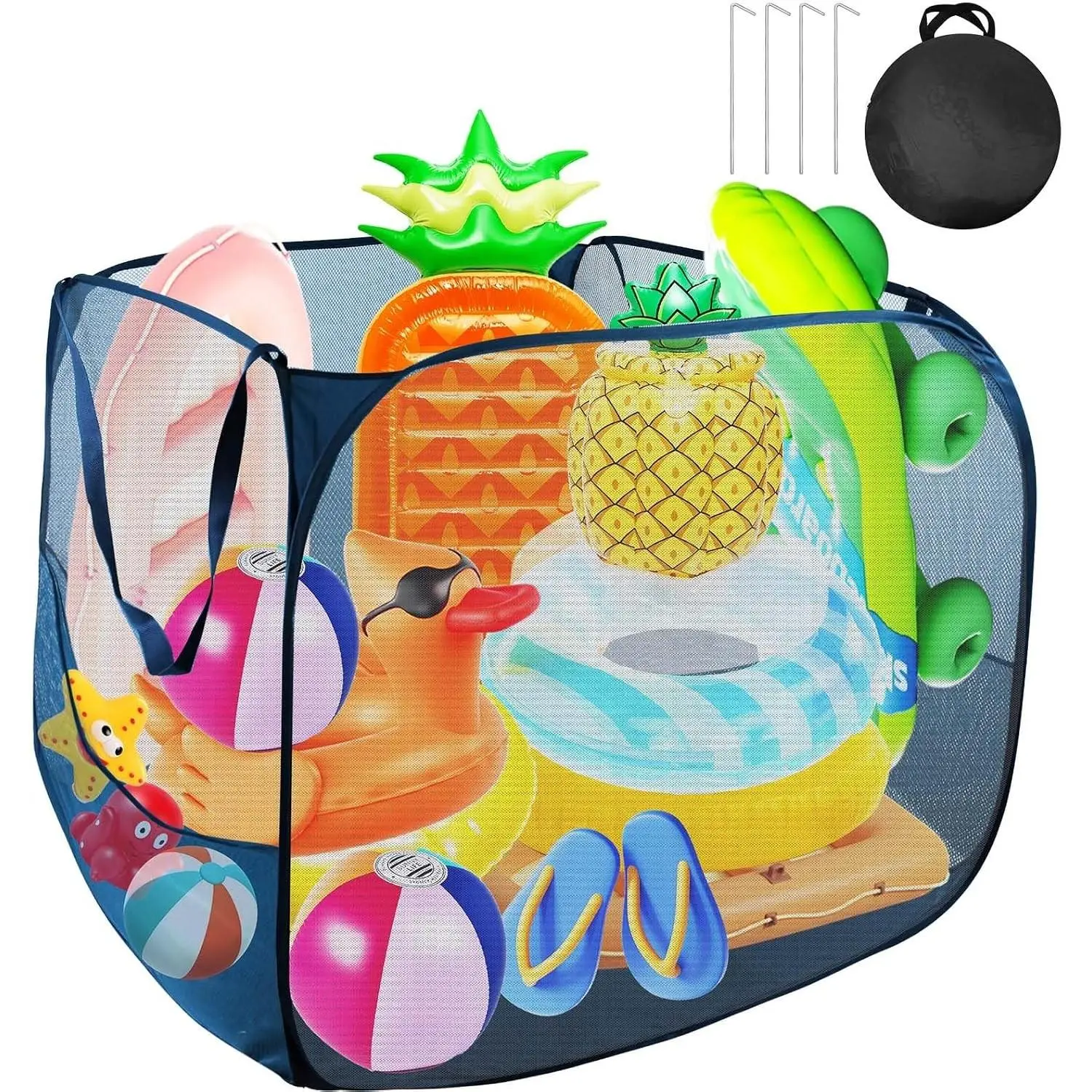Pop up Pool Toy Storage Bin, 32"x32"x30" Pool Float Organizer Bag with 2 Side Pockets, Mesh Swimming Pool Toys Organizer with 4 Ground Nails for Inflatable Toys, Float, Beach Ball and Pool Accessories