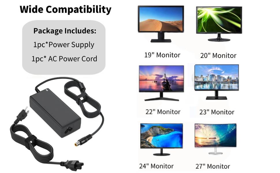 DC 19V Power Cord for LG Monitor, 6.6FT DC in Power Supply (for LG 32" 27" 24" 23" 22" 20" 19" Monitor/Ultrawide Monitor) ﻿