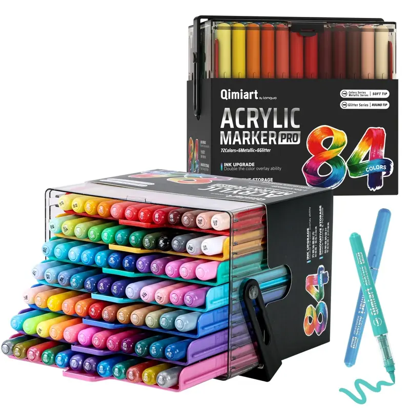 36/60/84 Color Acrylic Paint Markers,1-5mm Flexible Brush Tip,Automatic Ink Control,Water-based & No-bleed Paint Pens, Waterproof Ink for Art & Crafts,Fabric,Wood,Rock,Metal