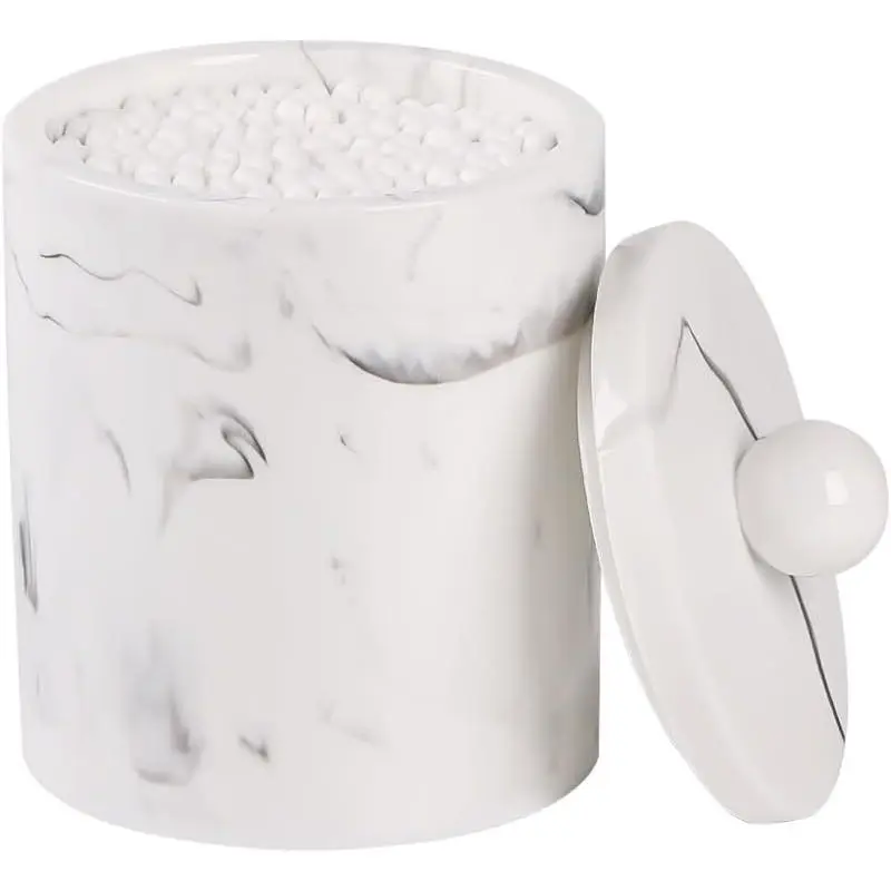 Marble Qtip Holder with Lid, White   Swab Container, Small  Storage Jars, Bathroom Q-Tip Holder for  Balls, Swabs, Pads, Floss Picks