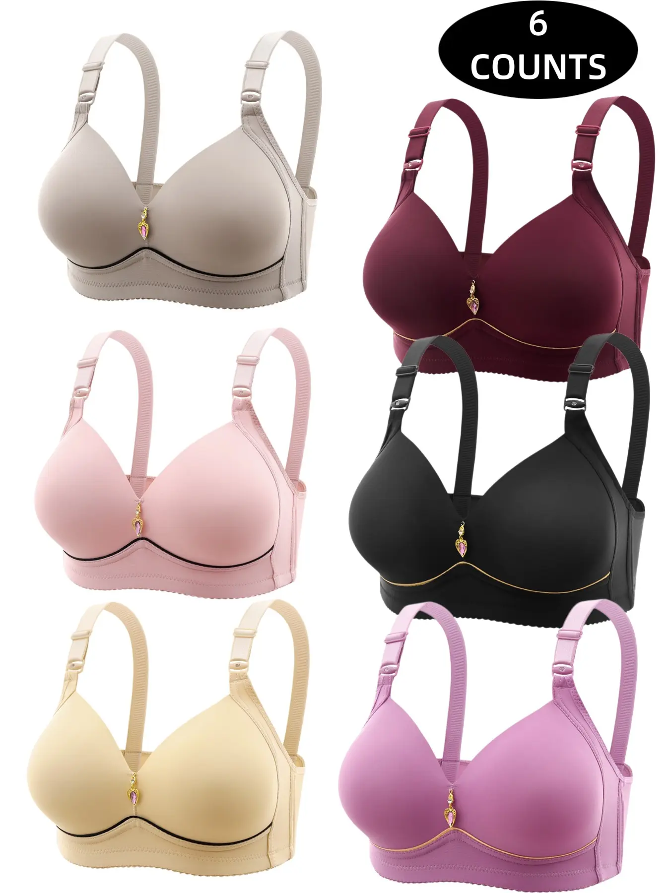 6-Pack Women's Lace Wireless Push-Up Bras, Seamless Comfort Fit, Daily Wear Underwire-Free Bra, Breathable Soft Fabric, Full Day Support