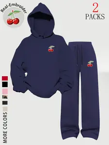 Women's Casual Embroidered Cherry Hoodie Set, Loose-Fitting Sweatshirt and Straight Pants, Fall & Winter Camping