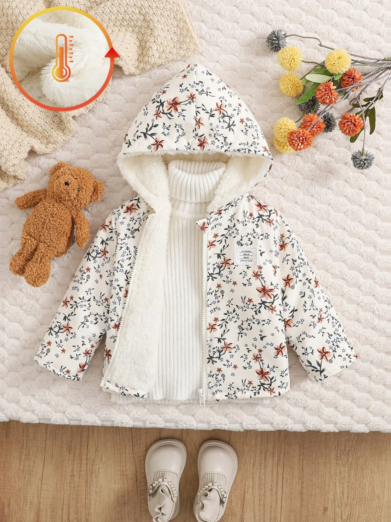 Vintage Floral Print Fleece Lined Hooded Zip Coat, Thick Windproof Warm Outerwear, Toddler Girls Winter Jacket, Cozy Soft Clothing