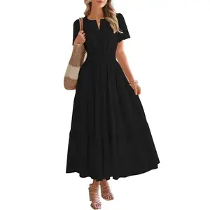 Women's summer casual long dress, lightweight short sleeved V-neck bohemian style dress with pockets modest   style dress
