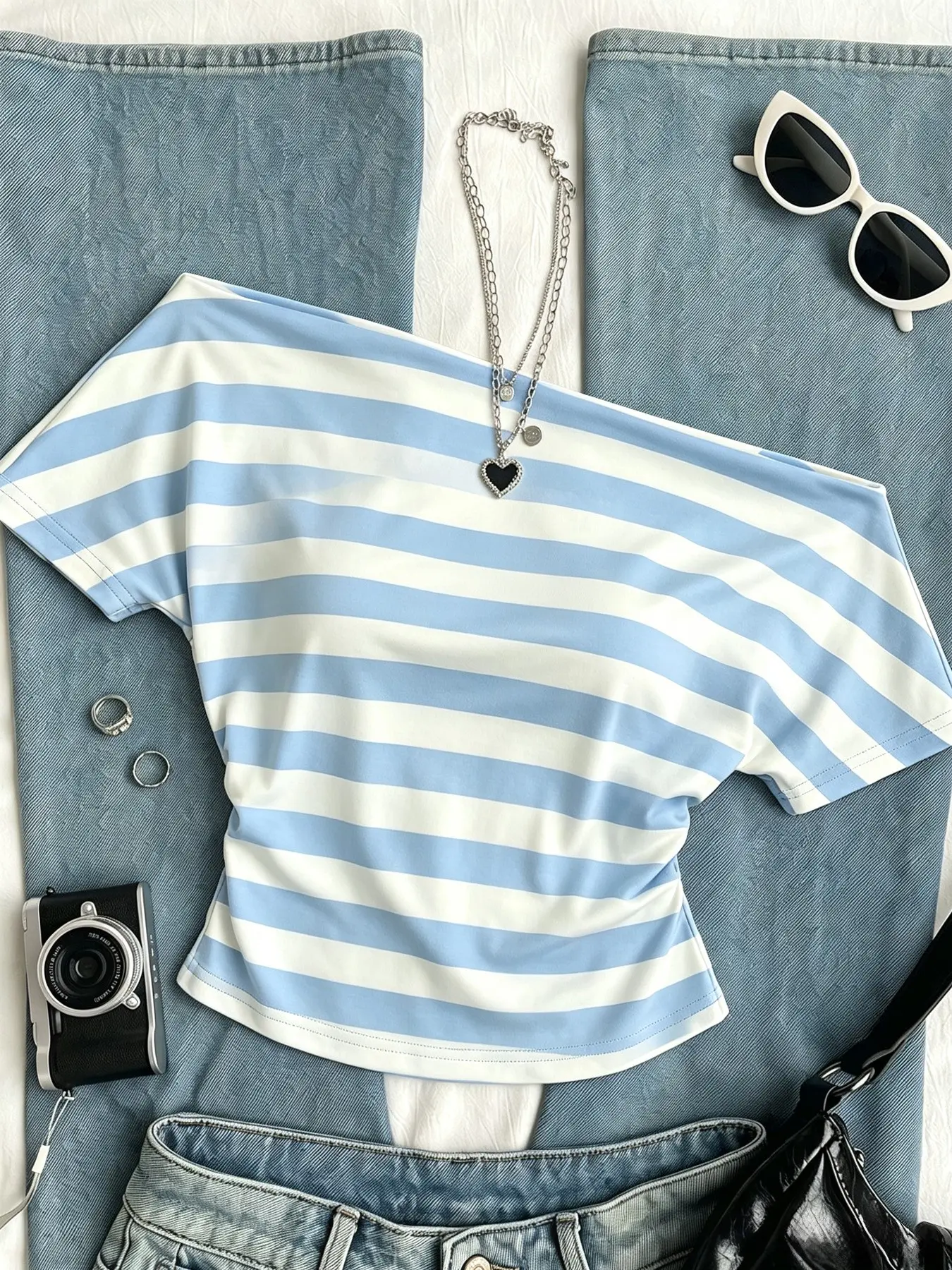 Women's Horizontal Striped Off Shoulder Top, Slim Fit Short Sleeve T-Shirt, Minimalist Summer Style For Shopping Trip, City Walk And Casual Hangout Occasions