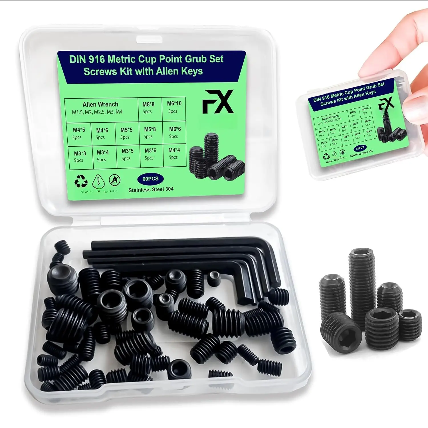 Set Screws  Kit (M3, M4, M5, M6, M8) with Allen  – Black Durable 60 count Metric Cup Point Alloy Steel for Bathroom Fixtures, Door Knobs, Faucets, Plumbing, and