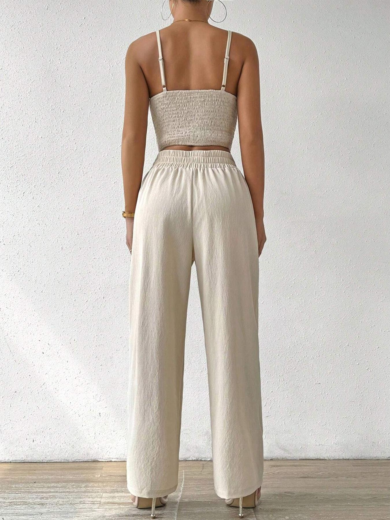 Women's Solid Crop Cami Top & Wide Leg Pants Two-piece Set, Casual Comfy Two Piece Outfits for Daily Wear, Ladies Clothes for All Seasons, Womenswear