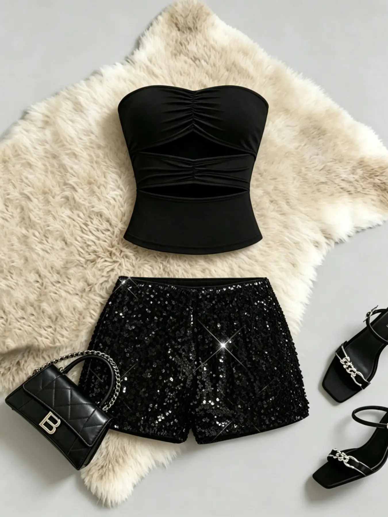 Sexy Crop Top and Sequined Shorts Set, Chic Hollow Out Pleated Design, Slimming Two-Piece Set, Casual Style, Plain Surface, Regular Length