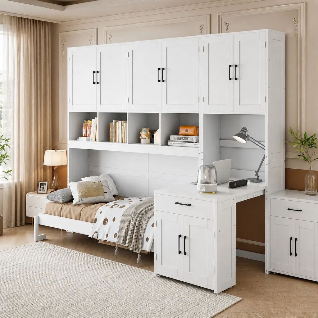 ARCH Twin Size Murphy Bed Wall Bed with Closet Drawers Desk White MDF+LVL Space Saving Fold Down Bed with Storage Shelf Wardrobe and Drawers for Bedroom Guest Room Home Office, Twin Size Options, White Color Options, MDF+LVL Material