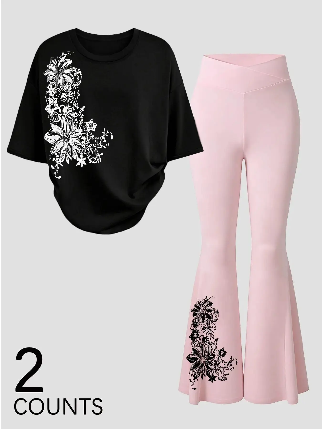 Vintage Floral Print Side Tie Short Sleeve Top, High Waist Wide Leg Pants Set, Y2K Style Slim Fit Casual Chic