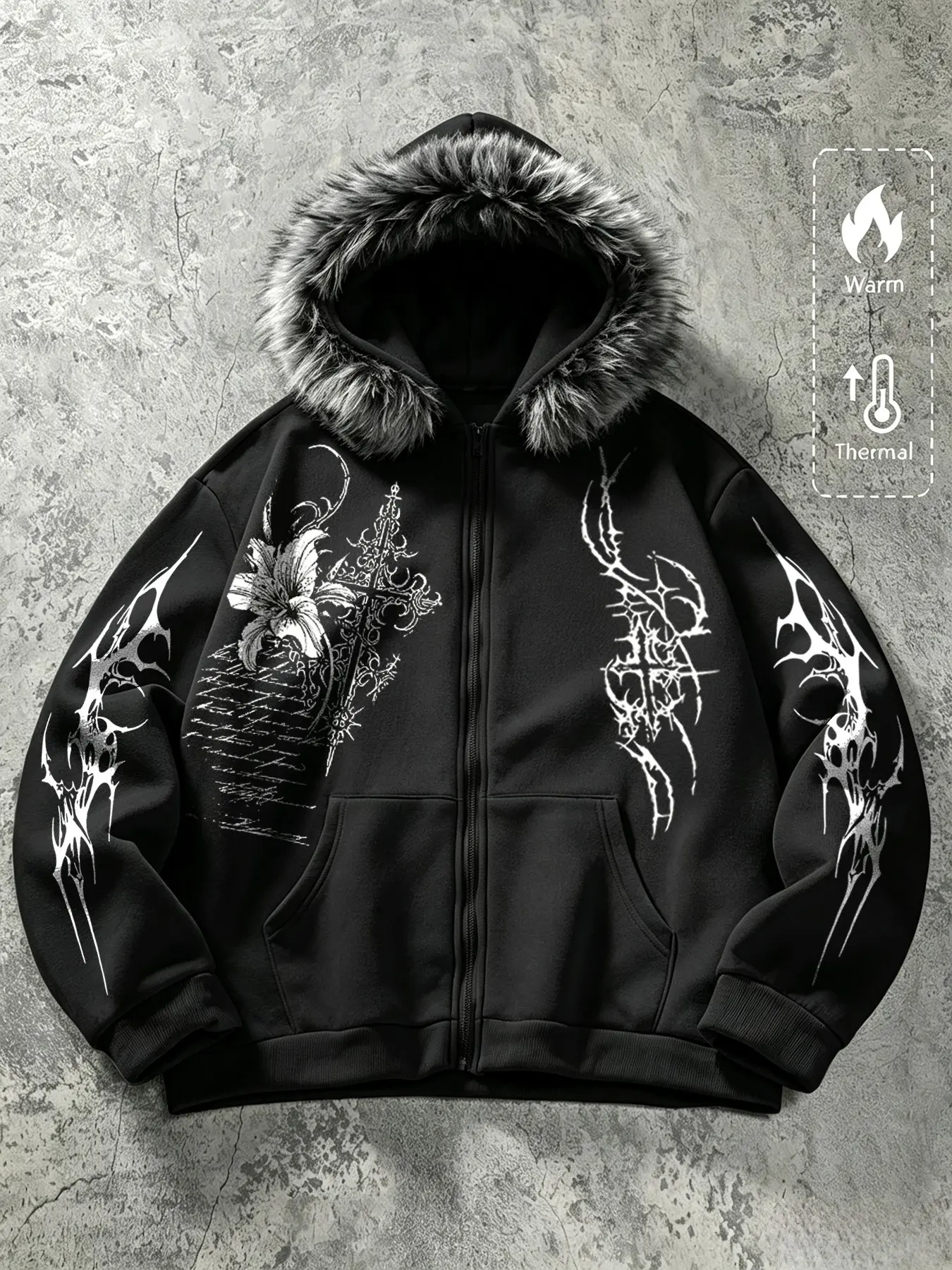 Men's Faux Fur Collar Zipper Hoodie Jacket, Loose Fit Gothic Cross Lily Print, Street Style Warm Coat, Y2K Dark Color Outerwear, Casual